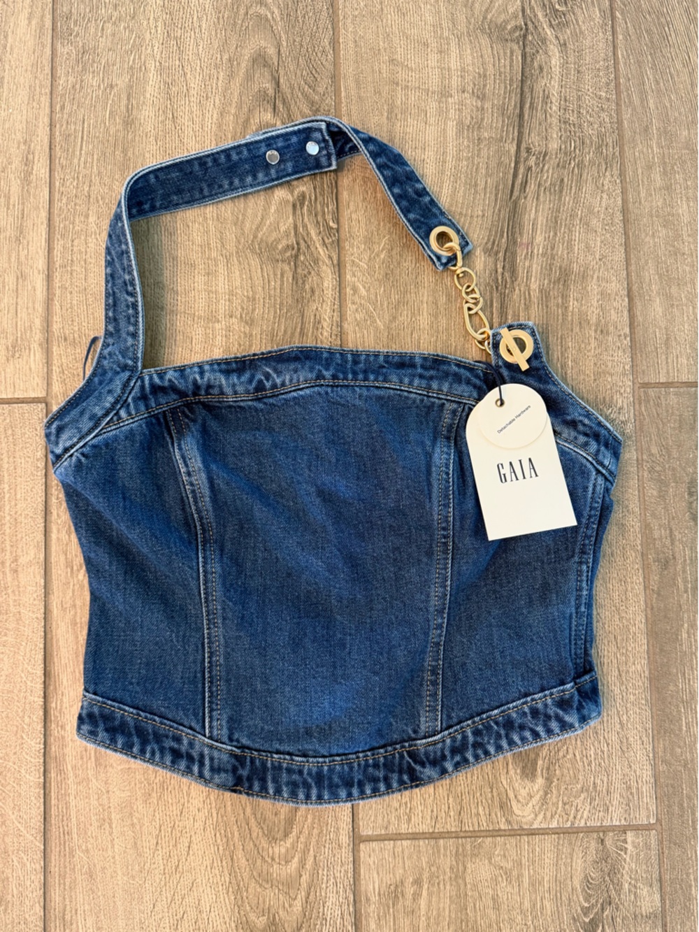 cult gaia Denim Top with Gold Chain Detail